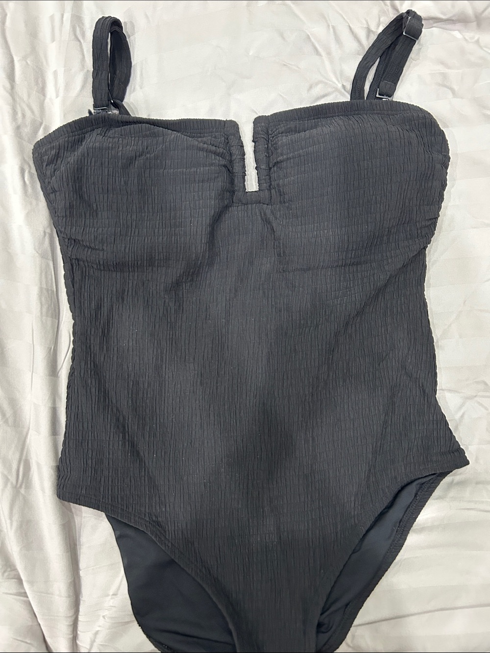 New DKNY Black Textured One-Piece Swimsuit with Notch Front Large L